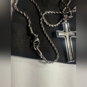 Silver Rope Chain Necklace with Engraved Cross Pendant